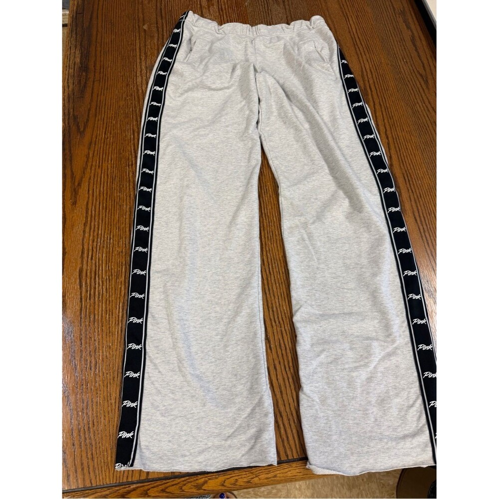 Y2K vintage PINK Victoria's Secret' Light Gray Track Pants with Black Logo Tape